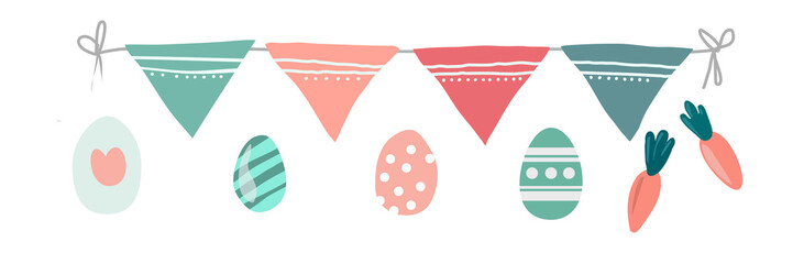 Set of Easter vector illustrations: garland, painted eggs on an isolated white background for design and printing