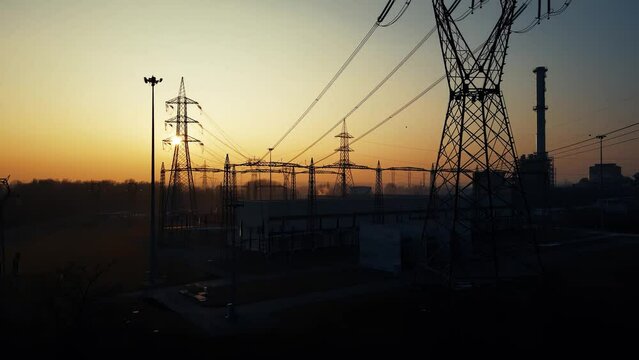 Aerial Drone - Sunset Landscape with Fog on a Power Plant