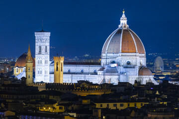 Cathedral Santa Maria Del Fiore with mountains in background. Night Shot from Michelangelo Square. Medieval masterpiece of Filippo Brunelleschi. Florence, Italy - 12 Jan 2022