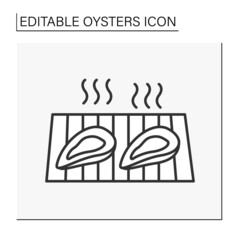  Delicacy line icon.Oysters prepared on grill. Tasty food from the restaurant. Seafood concept. Isolated vector illustration. Editable stroke