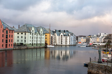The inner harbour at Ålesund from the Hellebrua bridge, Møre og Romsdal, Norway