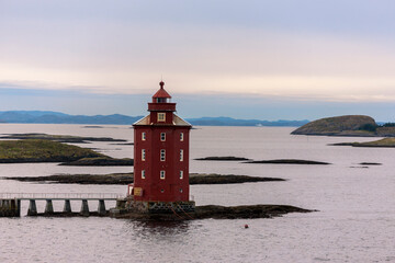 Kjeungskjær Lighthouse at the mouth of the Bjungenfjorden, Ørland, Trøndelag, Norway