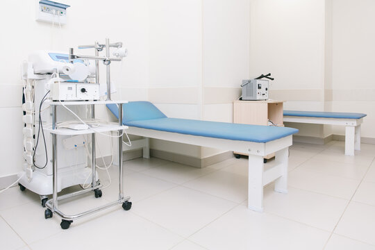 Hospital diagnostic room. Modern medical equipment, preventional medicine and healthcare concept. Modern hospital laboratory. Treatment room. Physiotherapy. Doctor office interior