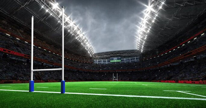 Rugby Stadium With Goal Posts From View Behind. Grassy Playground And Fan Crowd On Background. Digital 4k Video Loop For Sport Advertisement.