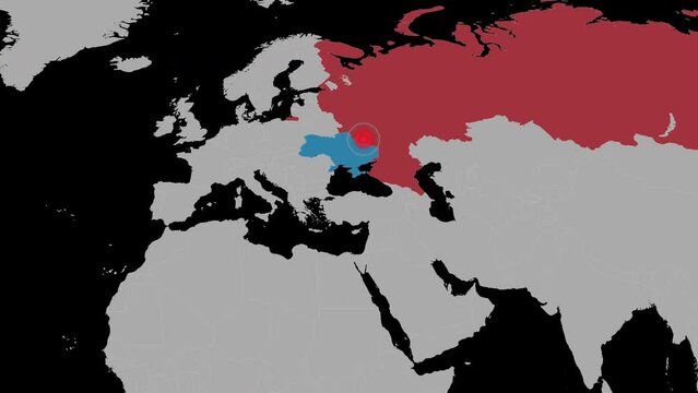 World map focused on est europe. Ukraine war and russian invasion concept. Ukrainian border with blinking target. Ukraine in blue, Russia in red, rest of the world in grey.