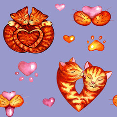 pattern with cats in love watercolor