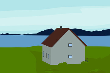 Vector flat image of a house on the lake. A gray house with brown lice on a green meadow. Lake and mountains, bright sky. Design for postcards, posters, backgrounds, templates, textiles.
