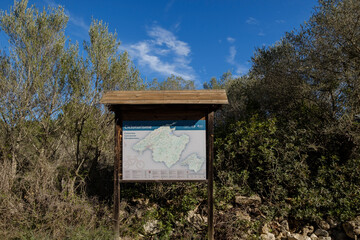 banner with information on cycling routes, Llucmajor, Mallorca, Balearic Islands, Spain