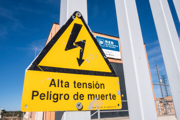 Naklejka premium warning of high voltage with danger of death, Cala Blava substation, electrical network of Spain, Llucmajor, Mallorca, Balearic Islands, Spain