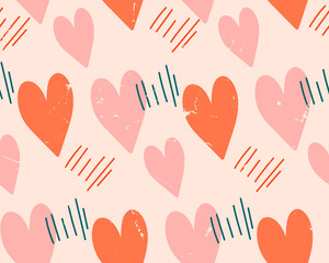 Vector seamless romantic pattern with hand drawn hearts. Valentines day wrapping paper or wedding symbols. Girlish repeated backdrop with hearts. Good for design, postcards, print, poster, party