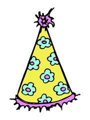 Fototapeta na wymiar Hand drawn colorful party hat illustration isolated on a white background. Birthday cap doodle. Holiday clip art.