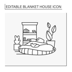 Bedroom line icon. Cozy bedroom with comfortable mattress and houselant, bookcase. Modern bedroom. Home interior and furniture. Blanket house concept. Isolated vector illustration.Editable stroke