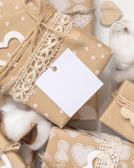 Valentines present with blank gift tag and heart close up, Rustic label Mockup