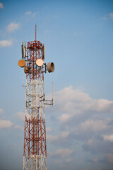 Telecommunication tower of 4G and 5G cellular. Antenna transmission communication. Cell phone signal base station.