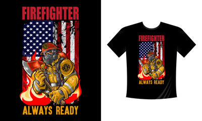 Firefighter Always Ready - Firefighter T Shirt Design. Use a safe helmet and uniform in vector eps with a black background, The professional rescuer ever
