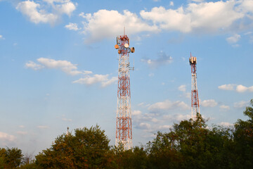 Telecommunication tower of 4G and 5G cellular. Antenna transmission communication. Cell phone signal base station.