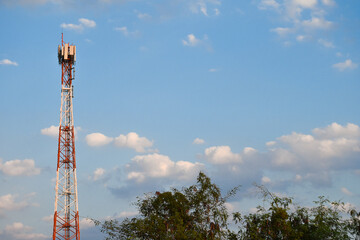 Telecommunication tower of 4G and 5G cellular. Antenna transmission communication. Cell phone signal base station.