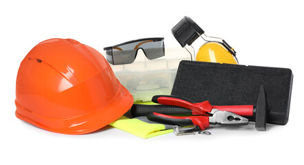 Naklejka premium Different personal protective equipment and tools on white background