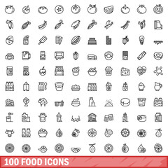 100 food icons set. Outline illustration of 100 food icons vector set isolated on white background