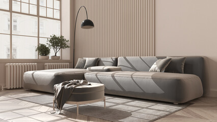 Modern living room in classic apartment with big window in cream tones, parquet floor, comfortable sofa with pillow, round pouf with blanket, floor lamp, carpet, interior design idea