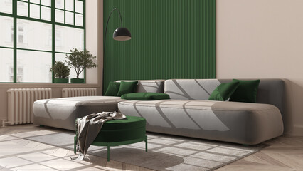 Modern living room in classic apartment with big window in cream and green tones, parquet, comfortable sofa with pillow, pouf with blanket, floor lamp, carpet, interior design idea