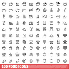 100 food icons set. Outline illustration of 100 food icons vector set isolated on white background