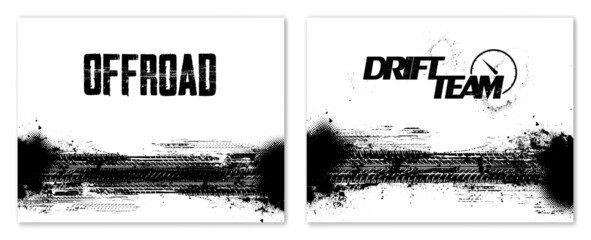 Two template posters monochrome style with grunge effect. Tire tracks with dirty splashes. Off-road, drift, motorcycle, bike, car racing, drift concept. Grunge pattern Tire tracks. Vector set © SergeyBitos