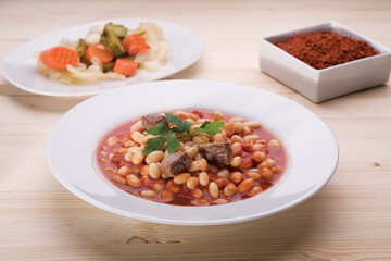 Turkish Kuru Fasulye food with Traditional Turkish table with decoration