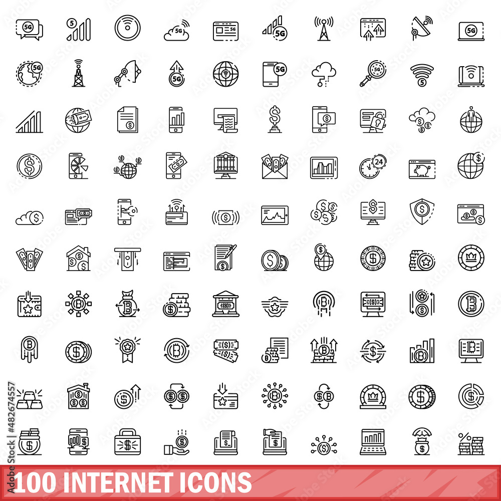 Poster 100 internet icons set. Outline illustration of 100 internet icons vector set isolated on white background - Posters