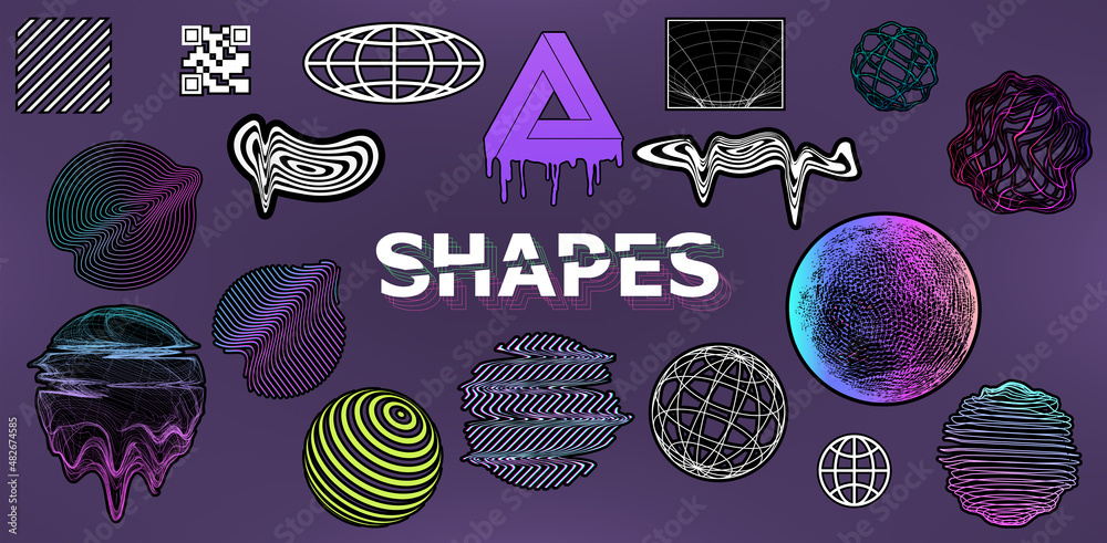 Poster Simple geometric shapes, memphis sticker style form 80s-90s. Old wave cyberpunk and vaporwave elements. 3D and 2D universal geometric shapes with neon color and glitch effect. Simple vector set