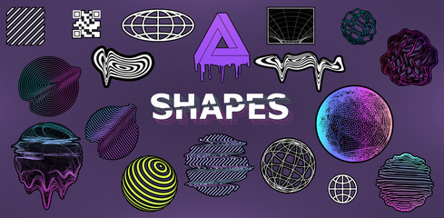 Simple geometric shapes, memphis sticker style form 80s-90s. Old wave cyberpunk and vaporwave elements. 3D and 2D universal geometric shapes with neon color and glitch effect. Simple vector set