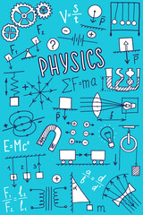 Phisics cover template. Science symbols icon set, subject doodle design. Education and study concept. Back to school sketchy background for notebook, not pad, sketchbook. Hand drawn illustration.