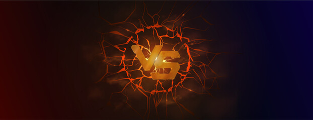 Versus battle banner with metal letters VS, cracked earth, lava, smoke and glow effect. Fighting concept, MMA versus battle, boxing, wrestling, esport, gaming design. Vector banner VS. Vector