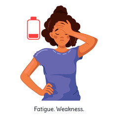 Obraz premium An African-American woman feels exhausted, weak, tired during an illness. The girl is sick. Flu, colds, viral diseases. Symptoms of coronavirus. Vector illustration isolated on a white background