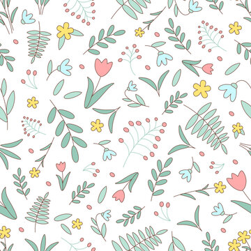 Spring seamless floral pattern of flowers and leaves