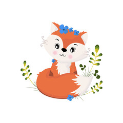 Little fox with blue flowers. Baby animal with cute face. Vector illustration