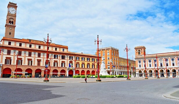 View of  Aurelio Saffi square in the historic center of the city of Forl&igrave; in Emilia Romagna, Italy