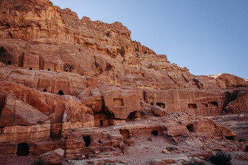 Facades in the rock in the ancient city of Petra. Hashemite Kingdom of Jordan. Jordan. Petra