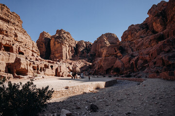 Facades in the rock in the ancient city of Petra. Hashemite Kingdom of Jordan. Jordan. Petra