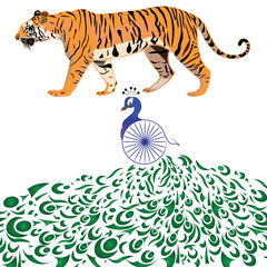  Indian Flag with National animal tiger and National bird peacock illustration background