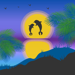 A pair of dolphins on the background of a tropical sunset