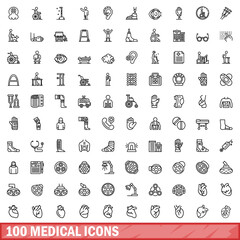100 medical icons set. Outline illustration of 100 medical icons vector set isolated on white background