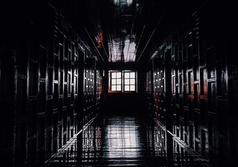 gloomy dark wooden corridor with closed doors of an empty hotel without people during quarantine