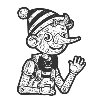 Pinocchio fictional character of children novel sketch engraving vector illustration. T-shirt apparel print design. Scratch board imitation. Black and white hand drawn image.