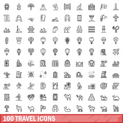 100 travel icons set. Outline illustration of 100 travel icons vector set isolated on white background