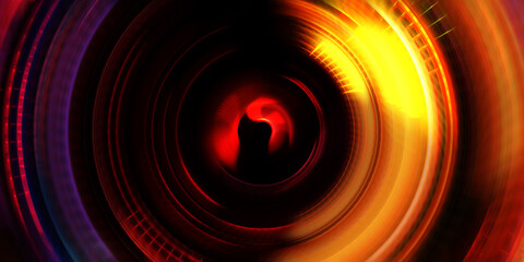 Photography camera concept. Abstract Background. Spinning rays of light. Motion conceptual wallpaper. Graphic digital illustration. Glowing neon rotating lights. Glossy presentation design template.