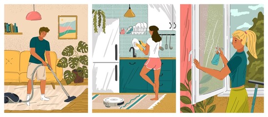 People doing housework and cleaning home. Vector set of posters with man vacuuming floor and woman wash dishes and clean window. Home interior, vacuum robot, people busy with cleaning household