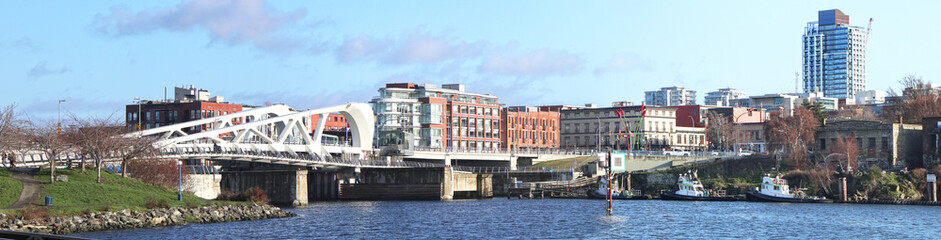 Panoramic photo of Inner Harbour, Bridge and Revitalized Old Town. Victoria, British Columbia, Canada. Vancouver Island.   