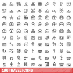 100 travel icons set. Outline illustration of 100 travel icons vector set isolated on white background