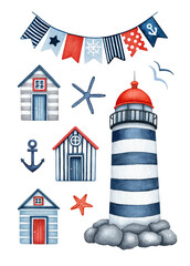 Obraz na płótnie Canvas Watercolor Nautical set. Colorful Lighthouse, striped Wooden Beach Houses and Holiday Party Flag Bunting. Summer Sea, Ocean Coast, Vacation, Travel. Collection of hand drawn design elements isolated